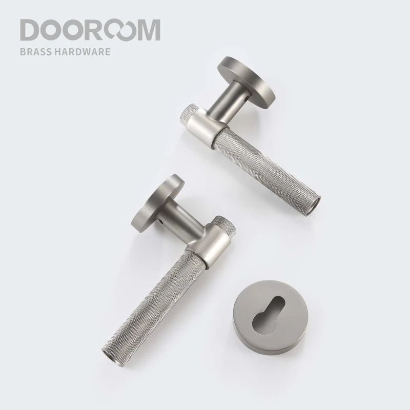 Dooroom Brass Knurled Door Lock Set Silver Matt Brushed Nickel Interior Bedroom Bathroom Double Wood Door Lever Set Dummy Handle