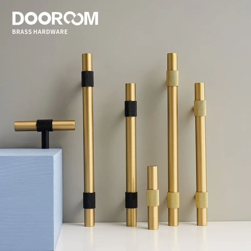 Dooroom Brass Furniture Handles Modern Knurling Black Gold Pulls Wardrobe Dresser Cupboard Cabinet Drawer Shoe Box Knobs