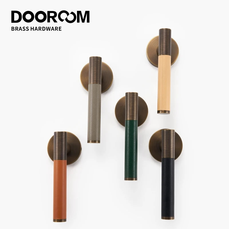 Dooroom 黄铜皮革门锁套装现代意大利风格室内卧室浴室双木门杆套装假把手
