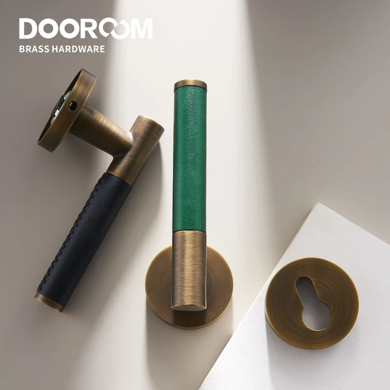 Dooroom 黄铜皮革门锁套装现代意大利风格室内卧室浴室双木门杆套装假把手