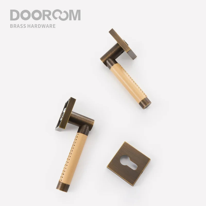 Dooroom Brass Door Lock Set Modern Replaceable Leather Interior Bedroom Bathroom Double Dummy Privacy Passage Door Lever Set
