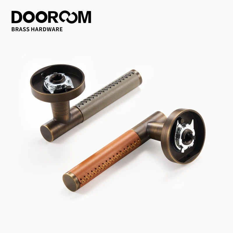 Dooroom 黄铜皮革门锁套装现代意大利风格室内卧室浴室双木门杆套装假把手
