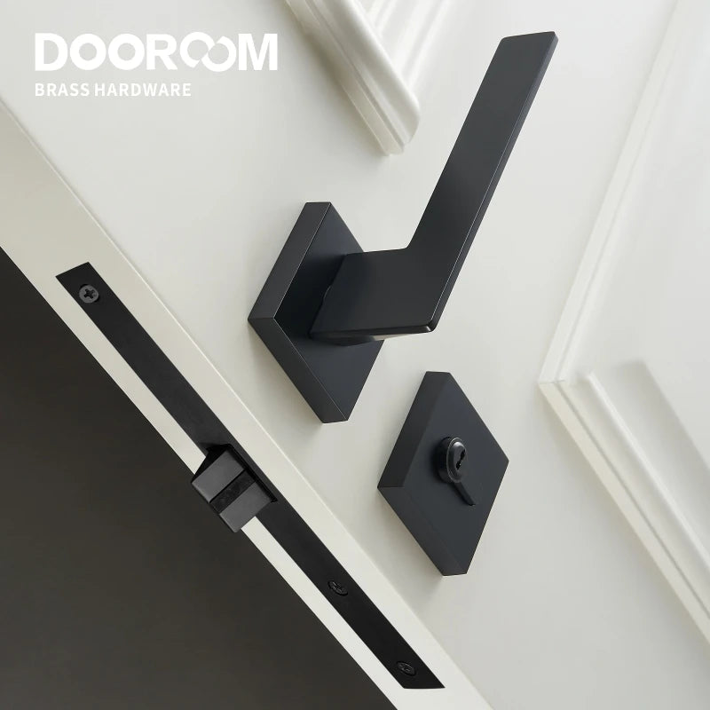 Dooroom 黄铜门锁套装现代黑色室内卧室浴室双木门杆套装假锁把手