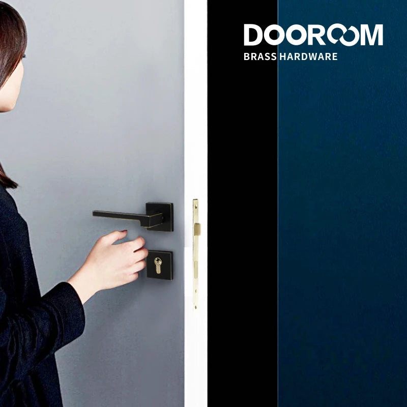 Dooroom Brass Door Lever American Nordic Modern Solid Wood Interior Door Lock Bedroom Split Mechanical Set Handle Black Square