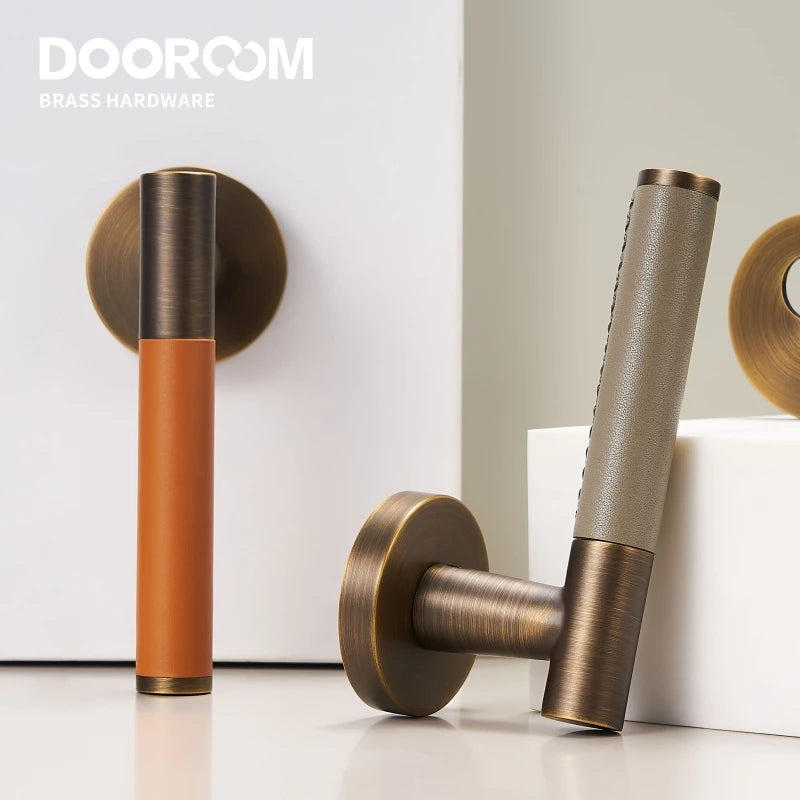 Dooroom 黄铜皮革门锁套装现代意大利风格室内卧室浴室双木门杆套装假把手
