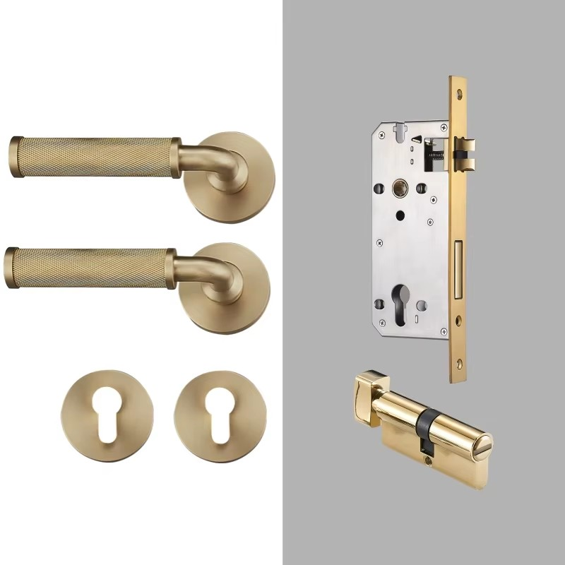 Dooroom Brass Knurled Door Lock Set Modern Interior Bedroom Bathroom Double Wood Door Lever Set Dummy Knob Privacy Passage Locks