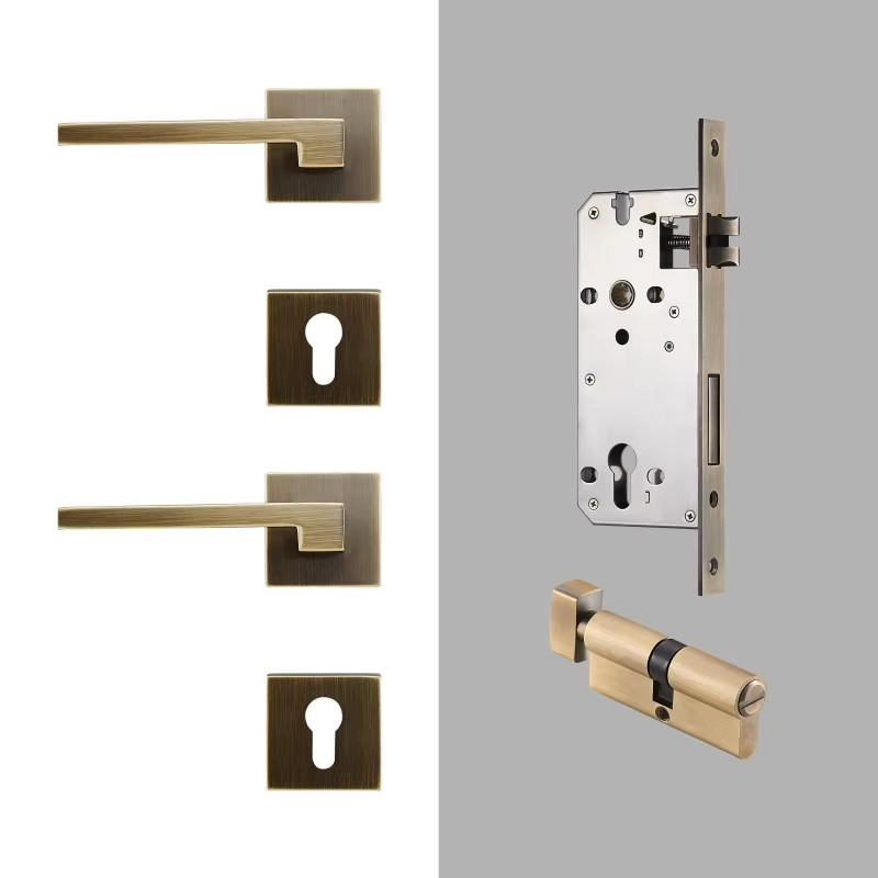Dooroom Brass Door Lever American Nordic Modern Solid Wood Interior Door Lock Bedroom Split Mechanical Set Handle Black Square
