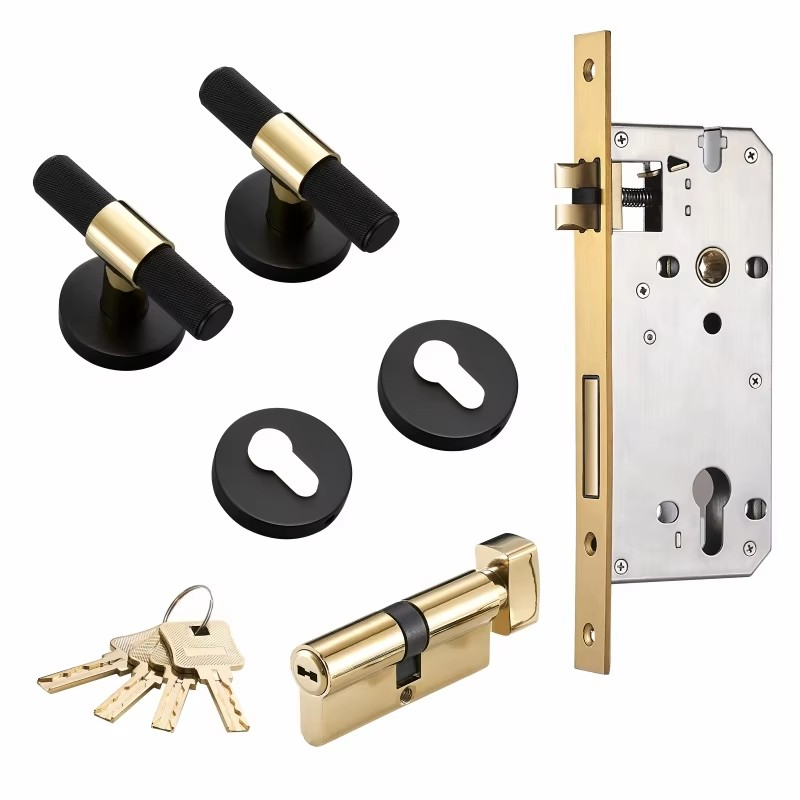 Dooroom Brass Door Lever Set Modern Knurled T-bar Interior Bedroom Bathroom Double Wood Door Lock Set Dummy Knob Hidden Door