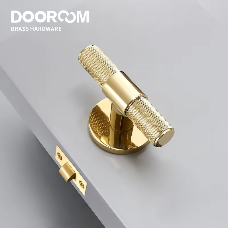 Dooroom Brass Door Lever Set Modern Knurled T-bar Interior Bedroom Bathroom Double Wood Door Lock Set Dummy Knob Hidden Door
