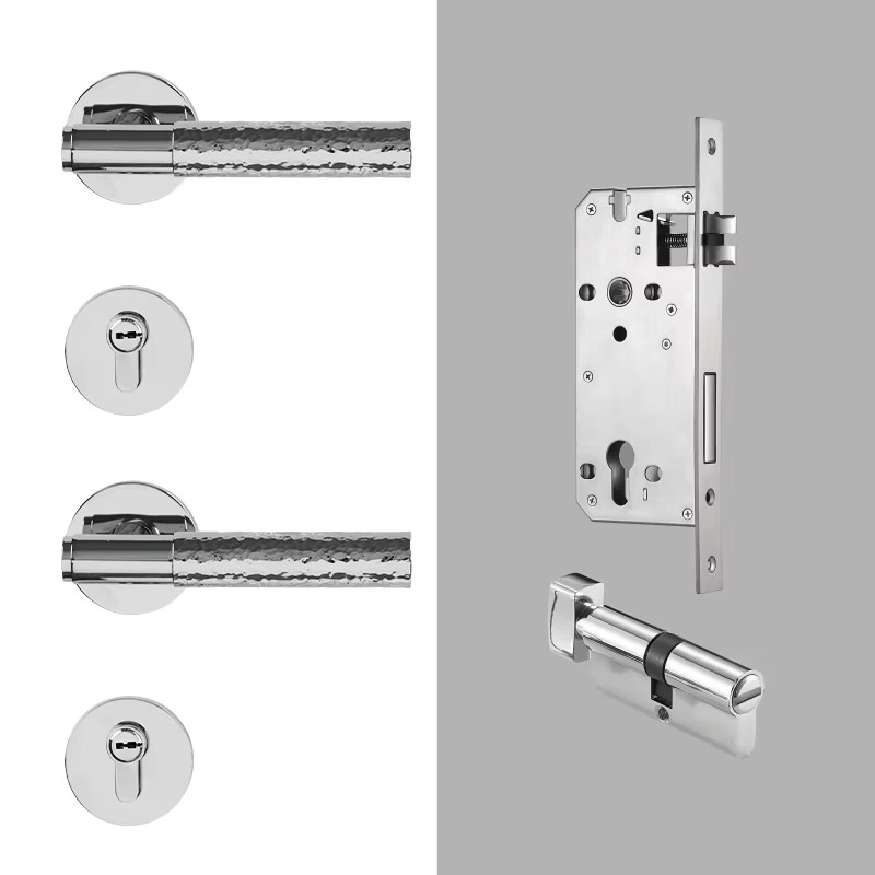 Dooroom Brass Door Lock Set Hammered Bright Silver Interior Bedroom Bathroom Double Wood Door Lever Dummy Passage Privacy Lock
