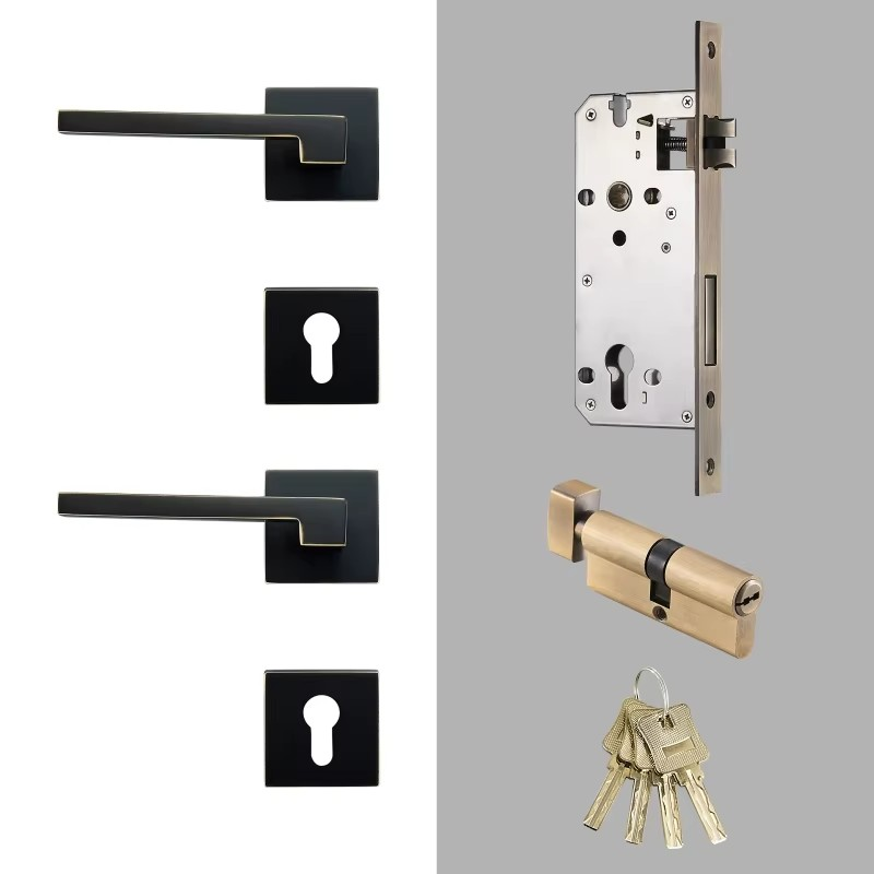 Dooroom Brass Door Lever American Nordic Modern Solid Wood Interior Door Lock Bedroom Split Mechanical Set Handle Black Square
