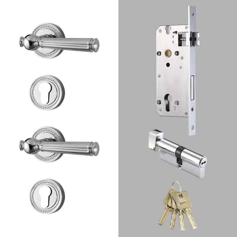 Dooroom Brass Door Lock Set Modern Shiny Chrome Interior Bedroom Bathroom Double Wood Door Lever Set Dummy Handle