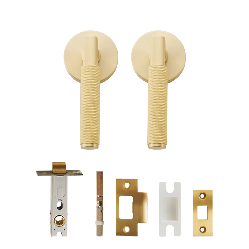 DOOROOM US Standard For 2-1/8" Hole Brass Knurled Lever Privacy Door Lock Passage Set  Round Rose 65mm Dummy Closet Handle