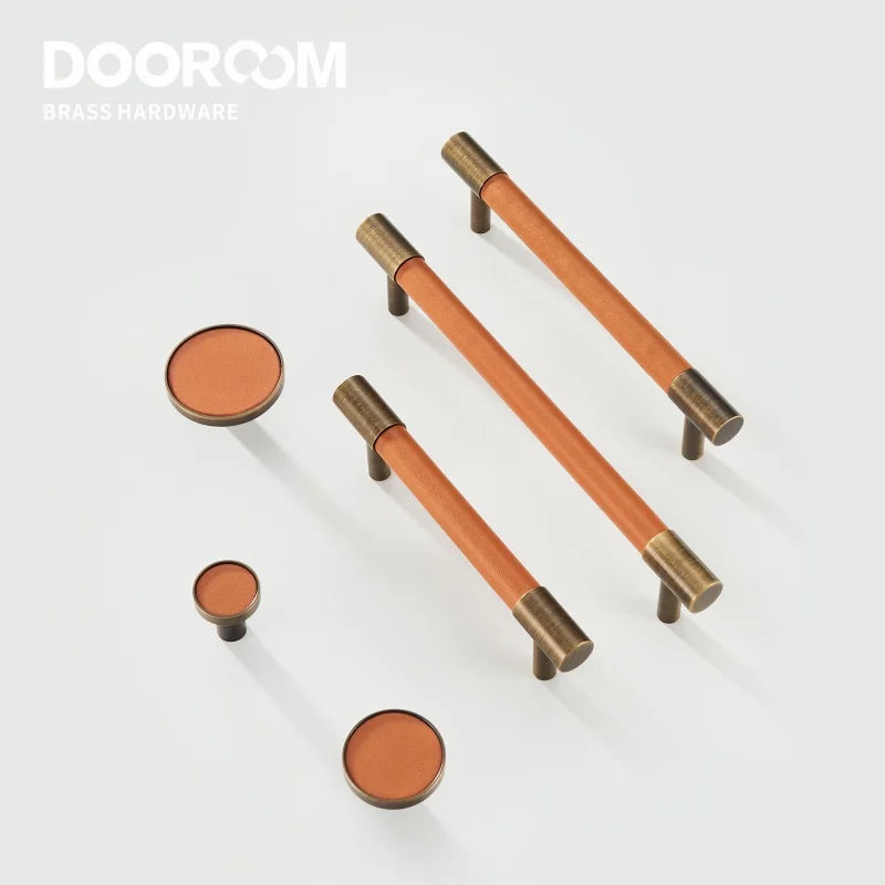 Dooroom Brass Furniture Handles Real Leather Nordic Simple Pulls Cupboard Wardrobe Dresser Shoe Box Drawer Wine Bar Cabinet Knob