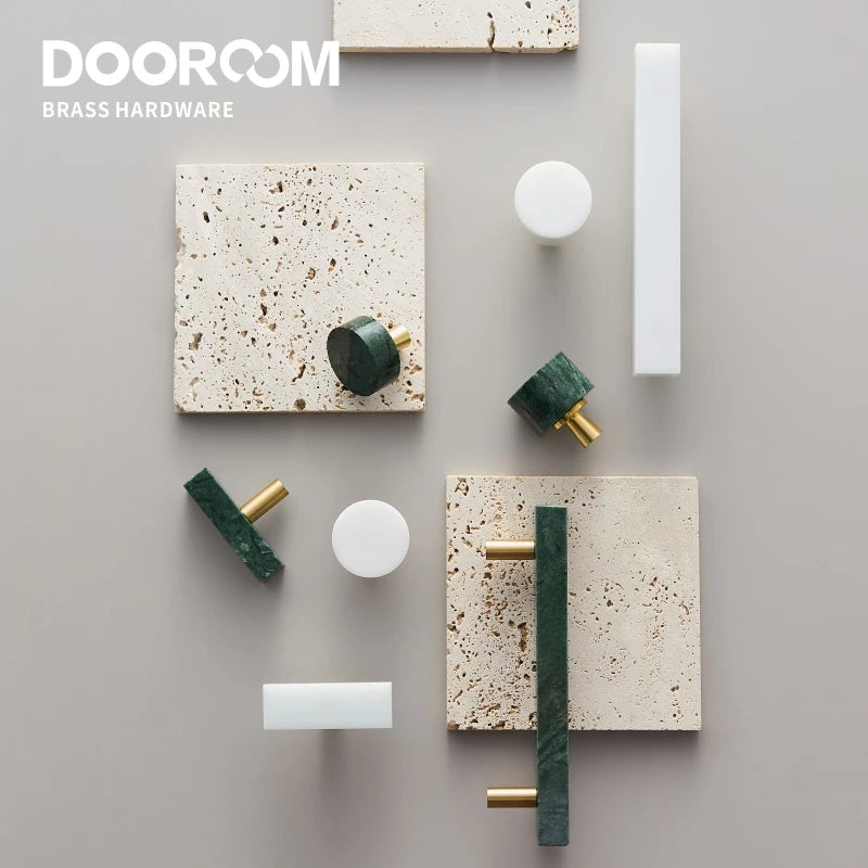 Dooroom Brass Marble Crystal Stone Furniture Handles White Green Long Round Pulls Cupboard Wardrobe Dresser Drawer Cabinet Knobs