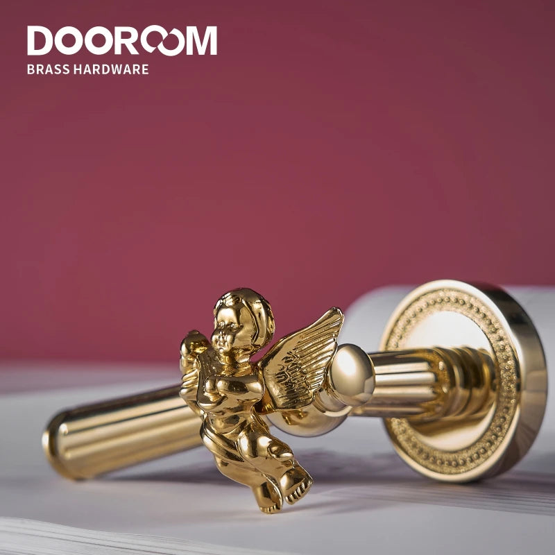 Dooroom Brass Door Lever Set Shiny Gold Bright Chrome Angel Interior Bedroom Bathroom Double Wood Door Lever Dummy Passage
