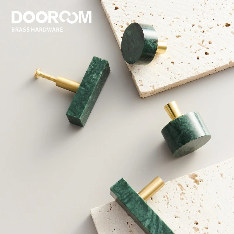 Dooroom Brass Marble Crystal Stone Furniture Handles White Green Long Round Pulls Cupboard Wardrobe Dresser Drawer Cabinet Knobs