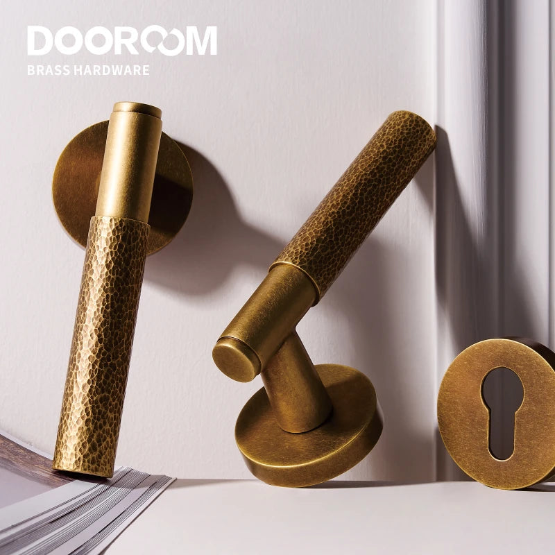 Dooroom Brass Door Lock Set Hammered Gold Yellow Bronze Interior Bedroom Bathroom Double Wood Door Lever Dummy Passage Privacy