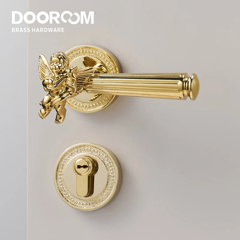 Dooroom Brass Door Lever Set Shiny Gold Bright Chrome Angel Interior Bedroom Bathroom Double Wood Door Lever Dummy Passage