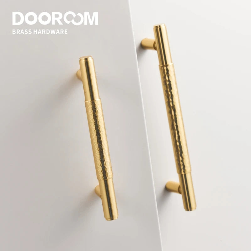 Dooroom Brass Furniture Handles Modern Hammered Shiny Gold Cupboard Wardrobe Dresser Shoe Box Drawer Cabinet Knobs T-Bar