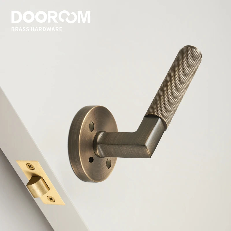 DOOROOM US Standard For 2-1/8" Hole Brass Knurled Lever Privacy Door Lock Passage Set  Round Rose 65mm Dummy Closet Handle
