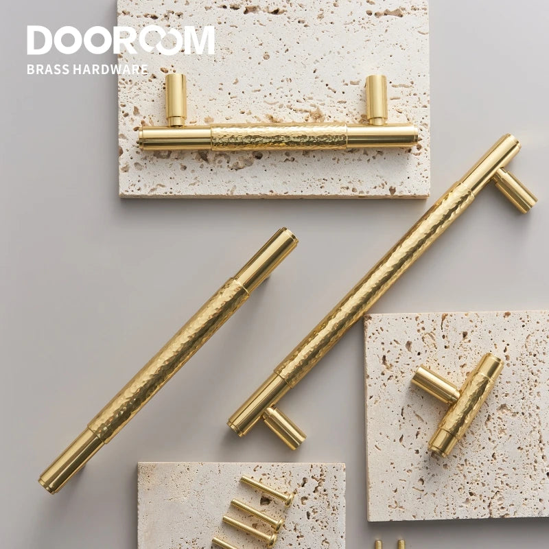 Dooroom Brass Furniture Handles Modern Hammered Shiny Gold Cupboard Wardrobe Dresser Shoe Box Drawer Cabinet Knobs T-Bar
