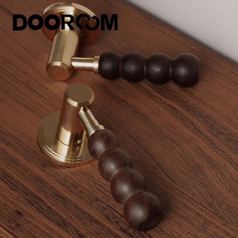 DOOROOM 黄铜胡桃木门锁套装 现代胡桃木现代家具房门把手 磁性静音浴室卧室门锁