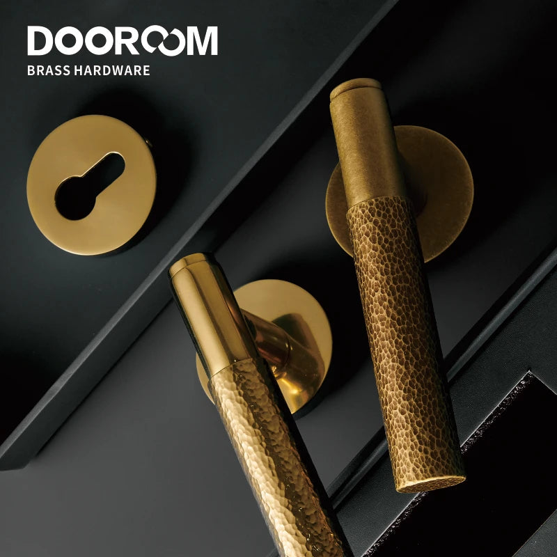 Dooroom Brass Door Lock Set Hammered Gold Yellow Bronze Interior Bedroom Bathroom Double Wood Door Lever Dummy Passage Privacy