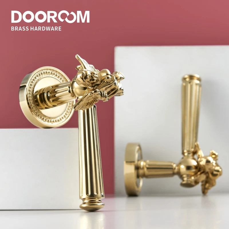 Dooroom Brass Door Lever Set Shiny Gold Bright Chrome Angel Interior Bedroom Bathroom Double Wood Door Lever Dummy Passage