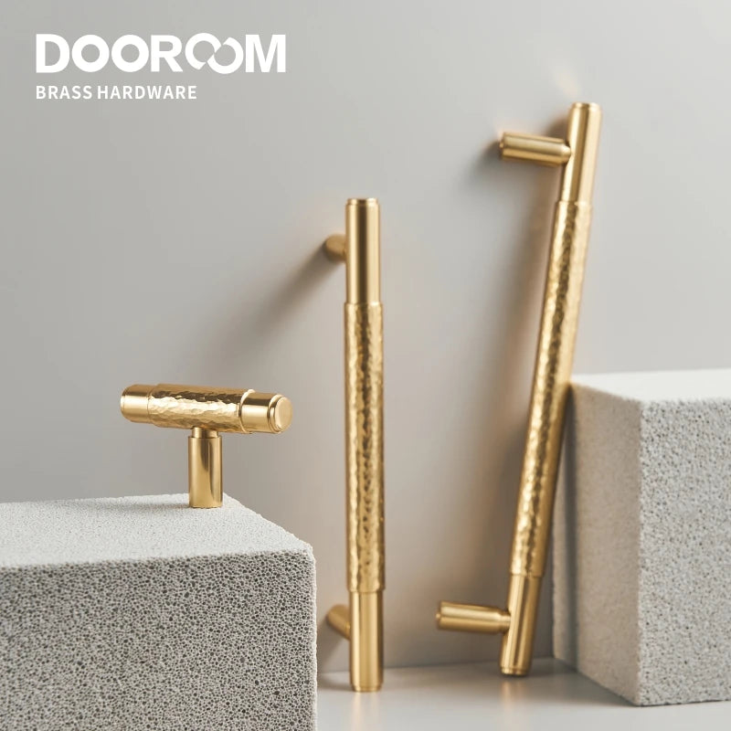 Dooroom Brass Furniture Handles Modern Hammered Shiny Gold Cupboard Wardrobe Dresser Shoe Box Drawer Cabinet Knobs T-Bar