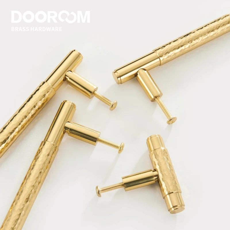 Dooroom Brass Furniture Handles Modern Hammered Shiny Gold Cupboard Wardrobe Dresser Shoe Box Drawer Cabinet Knobs T-Bar