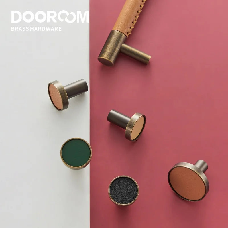 Dooroom Brass Furniture Handles Real Leather Nordic Simple Pulls Cupboard Wardrobe Dresser Shoe Box Drawer Wine Bar Cabinet Knob