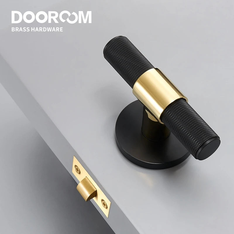 Dooroom Brass Door Lever Set Modern Knurled T-bar Interior Bedroom Bathroom Double Wood Door Lock Set Dummy Knob Hidden Door