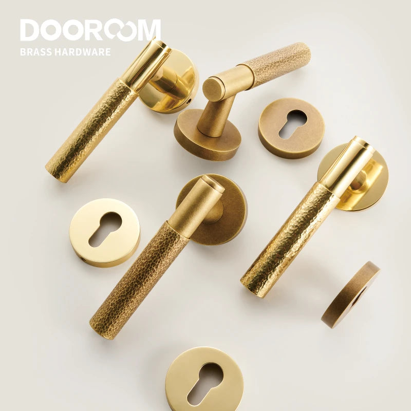 Dooroom Brass Door Lock Set Hammered Gold Yellow Bronze Interior Bedroom Bathroom Double Wood Door Lever Dummy Passage Privacy