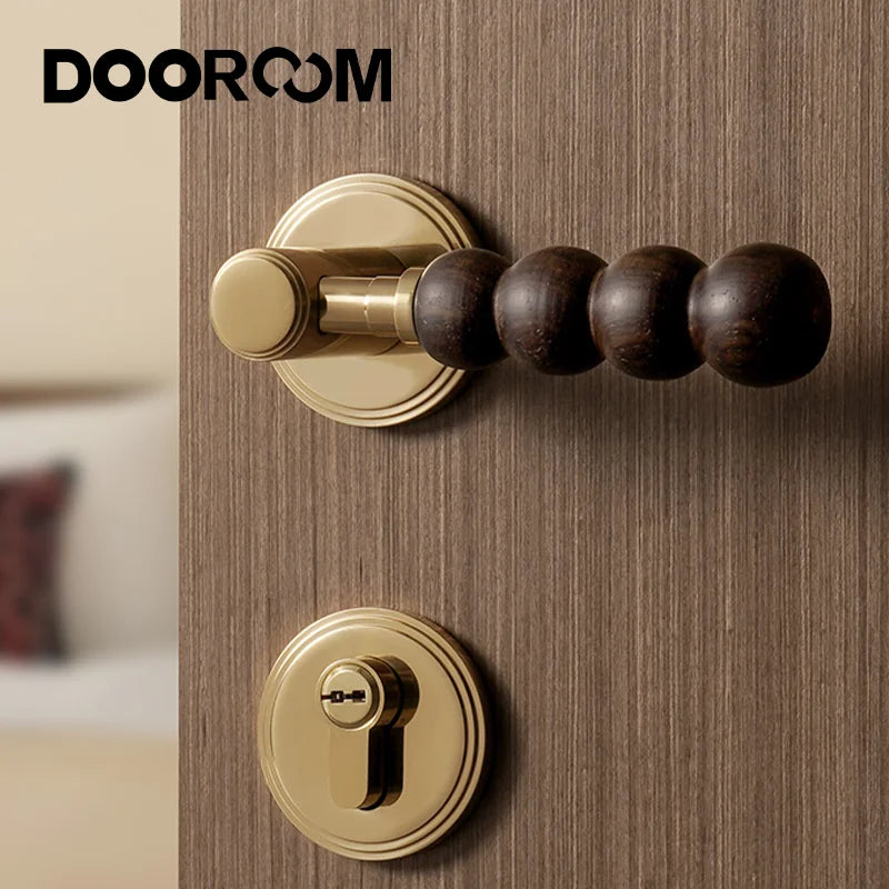 DOOROOM 黄铜胡桃木门锁套装 现代胡桃木现代家具房门把手 磁性静音浴室卧室门锁