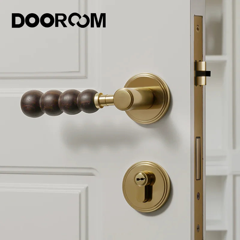 DOOROOM 黄铜胡桃木门锁套装 现代胡桃木现代家具房门把手 磁性静音浴室卧室门锁