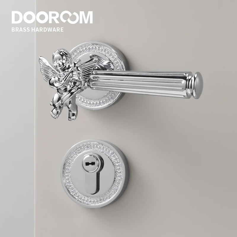 Dooroom Brass Door Lever Set Shiny Gold Bright Chrome Angel Interior Bedroom Bathroom Double Wood Door Lever Dummy Passage