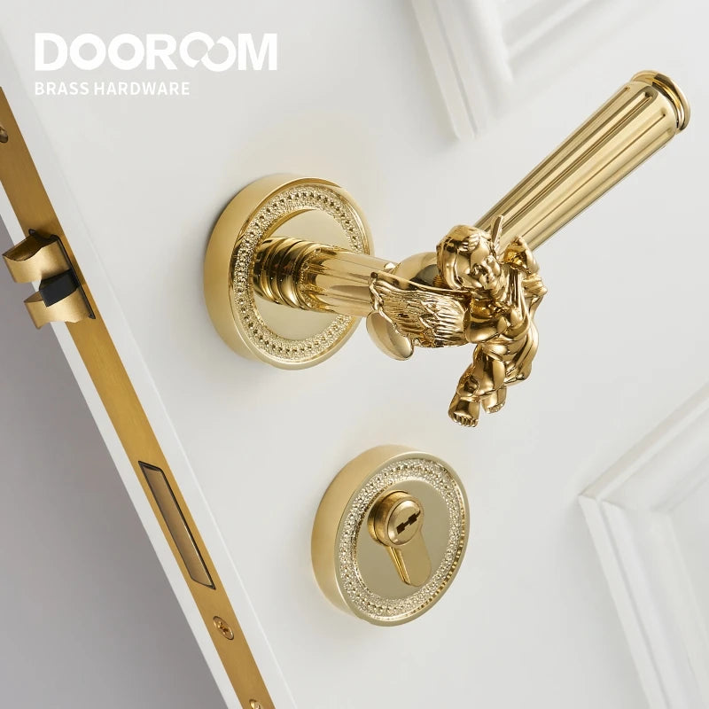 Dooroom Brass Door Lever Set Shiny Gold Bright Chrome Angel Interior Bedroom Bathroom Double Wood Door Lever Dummy Passage
