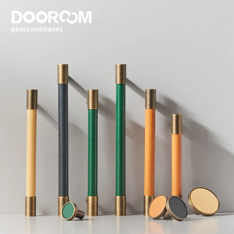 Dooroom Brass Furniture Handles Real Leather Nordic Simple Pulls Cupboard Wardrobe Dresser Shoe Box Drawer Wine Bar Cabinet Knob