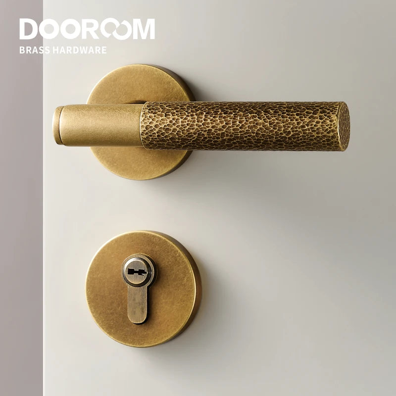 Dooroom Brass Door Lock Set Hammered Gold Yellow Bronze Interior Bedroom Bathroom Double Wood Door Lever Dummy Passage Privacy