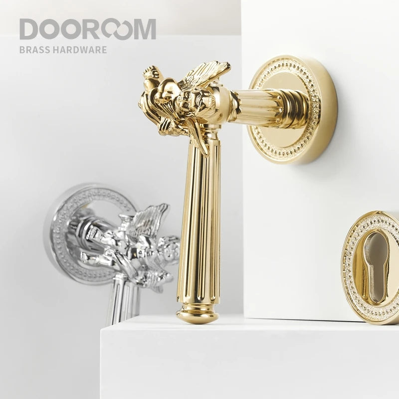 Dooroom Brass Door Lever Set Shiny Gold Bright Chrome Angel Interior Bedroom Bathroom Double Wood Door Lever Dummy Passage