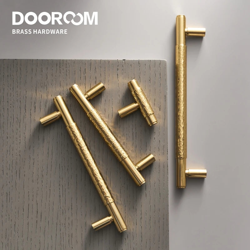 Dooroom Brass Furniture Handles Modern Hammered Shiny Gold Cupboard Wardrobe Dresser Shoe Box Drawer Cabinet Knobs T-Bar