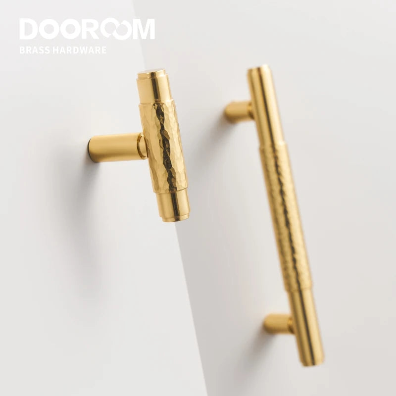 Dooroom Brass Furniture Handles Modern Hammered Shiny Gold Cupboard Wardrobe Dresser Shoe Box Drawer Cabinet Knobs T-Bar