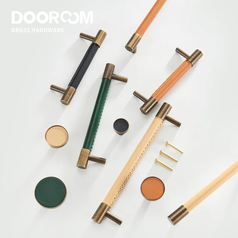 Dooroom Brass Furniture Handles Real Leather Nordic Simple Pulls Cupboard Wardrobe Dresser Shoe Box Drawer Wine Bar Cabinet Knob
