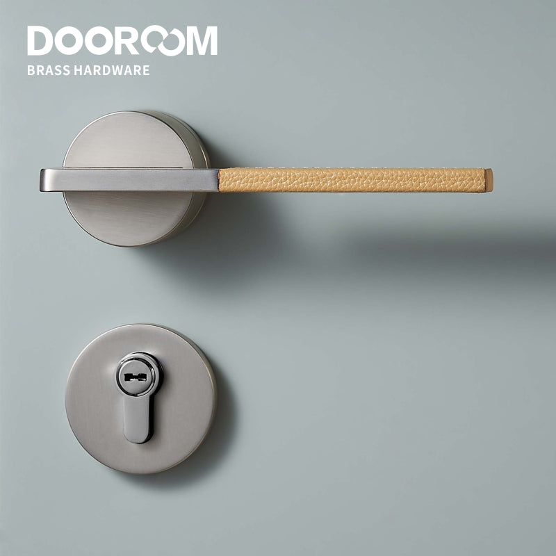 Dooroom Brass Leather Door Lock Set Black Brushed Nickel Bedroom Bathroom Double Wood Door Lever Set Dummy Privacy Passage