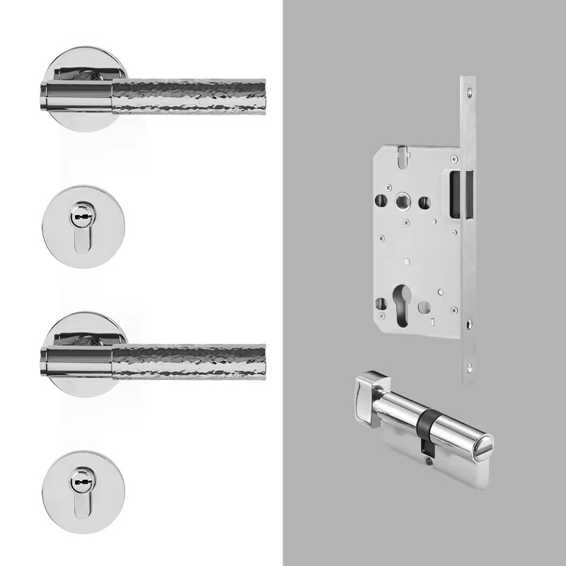 Dooroom Brass Door Lock Set Hammered Bright Silver Interior Bedroom Bathroom Double Wood Door Lever Dummy Passage Privacy Lock