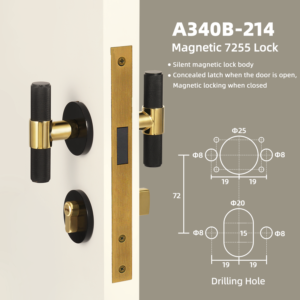 DOOROOM Brass Door Lock Set Black Gold Knurled Hidden Door  Modern T-bar Bedroom Bathroom  Door Lever Dummy Privacy Passage
