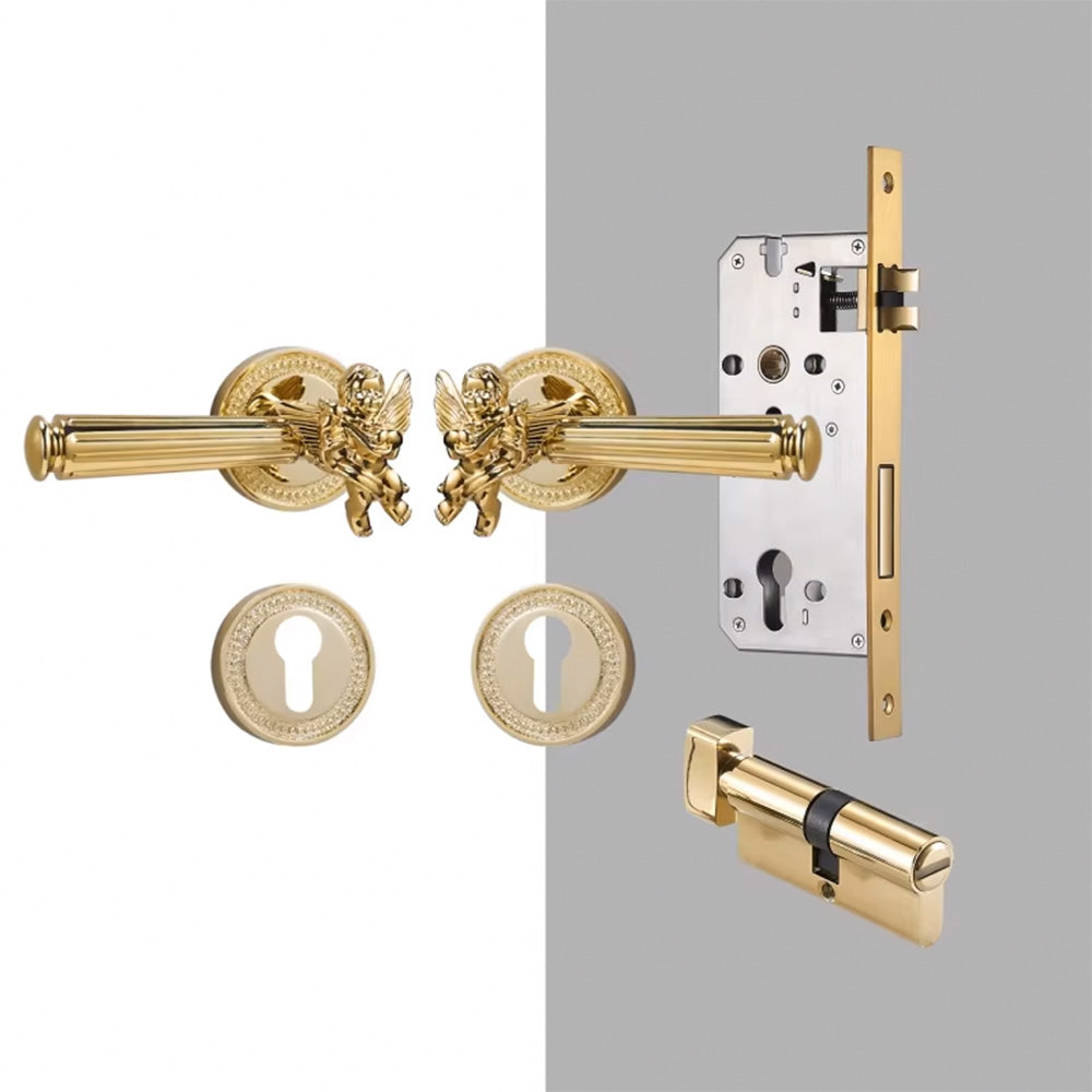 Dooroom Brass Door Lever Set Shiny Gold Bright Chrome Angel Interior Bedroom Bathroom Double Wood Door Lever Dummy Passage