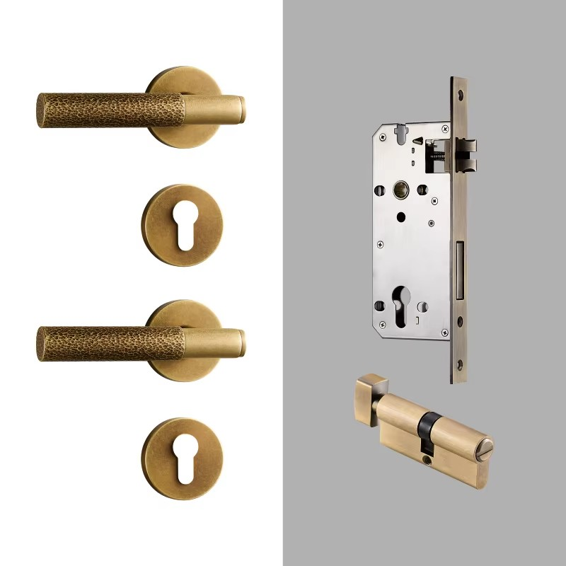 Dooroom Brass Door Lock Set Hammered Gold Yellow Bronze Interior Bedroom Bathroom Double Wood Door Lever Dummy Passage Privacy