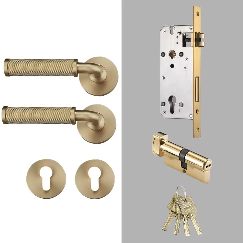 Dooroom Brass Knurled Door Lock Set Modern Interior Bedroom Bathroom Double Wood Door Lever Set Dummy Knob Privacy Passage Locks